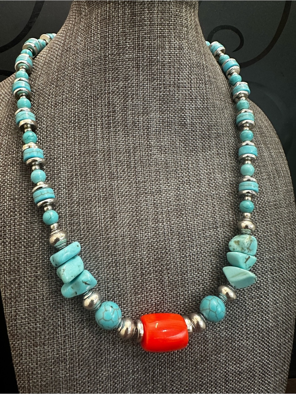Turquoise Bead Necklace with Orange Accent - Women Jewelry